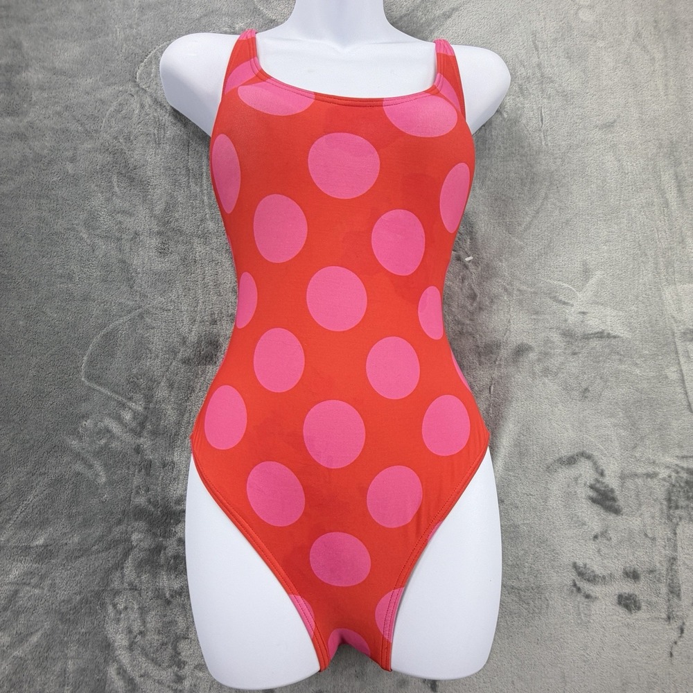 Kate Spade New York One Piece Swimsuit Small Red Pink Polka Dot Lace Up Back